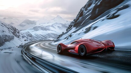 A  red  futuristic  sports  car  speeding  down  a  curved