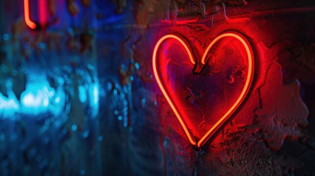Neon hearts light up the street. Valentine's Day