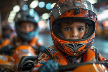 High-quality image of a young go-kart driver in an orange suit, focusing intently, embodying concentration and the intensity of racing