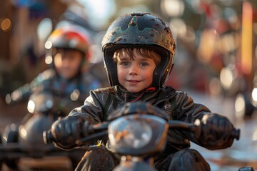 A young racer with an antique-looking helmet and jacket, reminiscent of classic motorsports and youthful adventures
