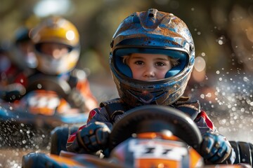 Close-up of a young child in a helmet, focused and prepared for a go-kart race, embodying determination