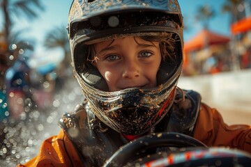 Portrait of a joyful young go-kart racer with a dirty helmet, reflecting thrill and excitement