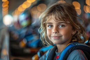A relaxed and smiling young child awaiting a go-kart race, radiating confidence and joy