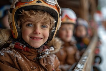 Smiling young child in snow gear with helmet, joyful during a winter activity with peers in background