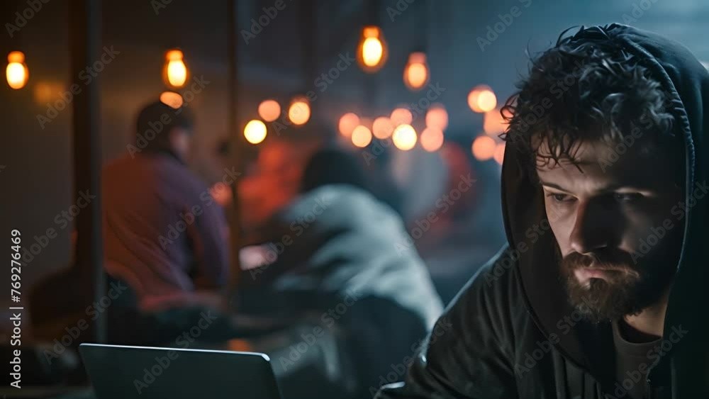 Poster hacker in hoodie looking at laptop screen generative ai