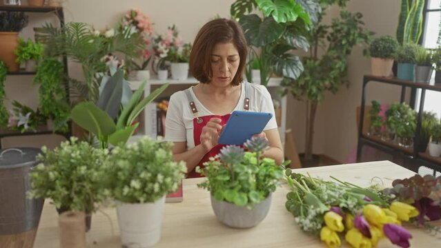 Mature hispanic woman using tablet to photograph plants in a flower shop.