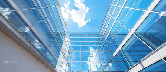 Spacious windows showcase the clear blue sky and its reflection.