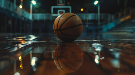 basketball ball on a dark wooden floor of basketball court, inside a modern sports gym, basketball...