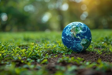 Earth represented as a globe laying on a natural green surface portrays a simple yet powerful connection to our planet