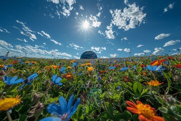 The image captures the view of a globe amidst a beautifully diverse and colorful wildflower field under a sunny sky