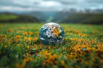 A vividly painted Earth globe sits among vibrant yellow wildflowers with a scenic green mountainous backdrop