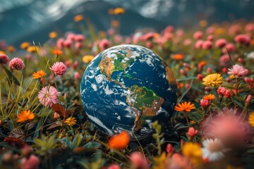 An artistically rendered Earth globe nestles among a multitude of colorful flowers, capturing the essence of biodiversity