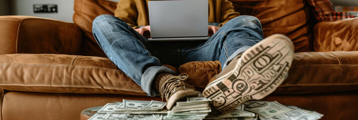 A person joyfully checking their investment portfolio, celebrating achieving financial independence with a laptop and a stack of money. - obrazy, fototapety, plakaty