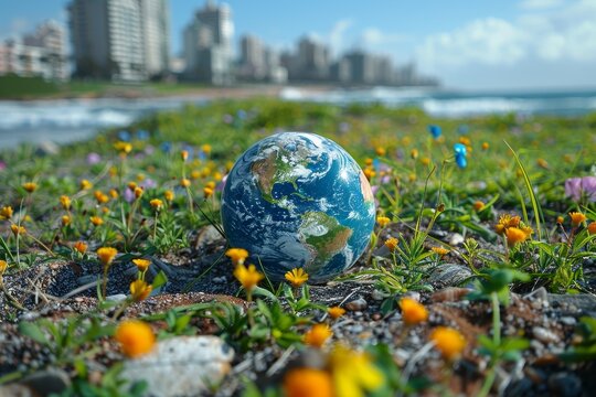 A miniature globe in sharp focus among wildflowers with a blurred cityscape, symbolizing urban nature harmony - Powered by Adobe