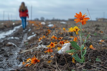 Contrasting the beauty of wildflowers, a single focus shows resilience in a polluted, muddy environment with a blurred figure in the background - obrazy, fototapety, plakaty
