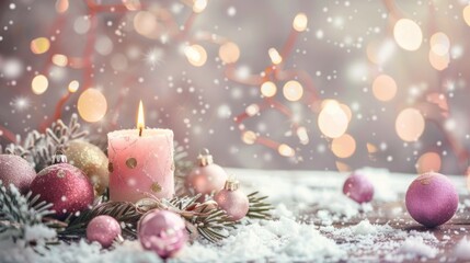 Fototapeta na wymiar Pink Candles With Decorations, snow decorations ,blur background