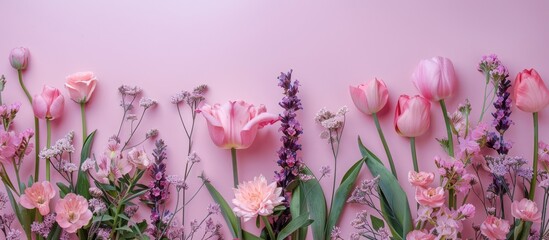 Top view image of pink and purple flowers arrangement on soft-colored backdrop