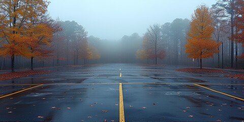 An empty parking lot on a cold, wet, foggy evening. An atmosphere of peace, mystery and mysticism. Generative AI