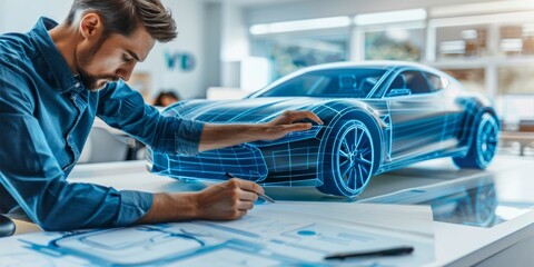 A male designer focused on perfecting a futuristic vehicle design blueprint in a bright, modern office.