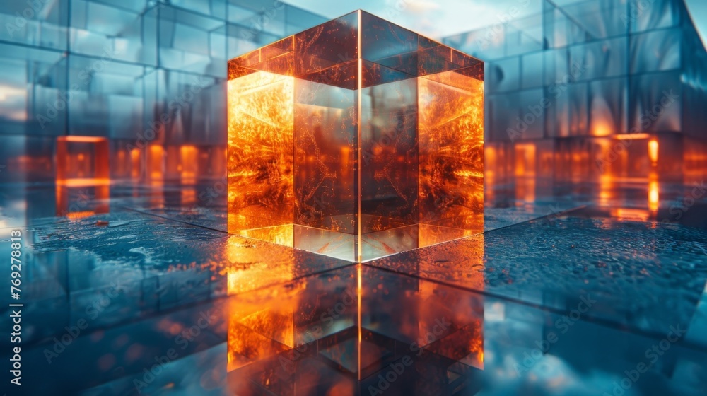 Poster the cube sits atop a reflective surface the mirrored image creating an infinite loop of transformati
