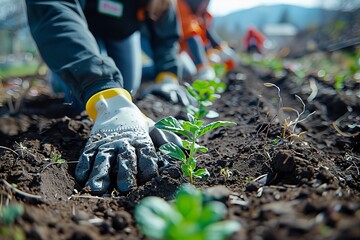 Gardener with protective gloves gently plants a young seedling in fertile soil on a bright day