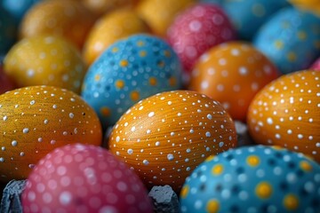 A close-up of multi-colored Easter eggs with detailed dot patterns suggests creativity and festive spirit