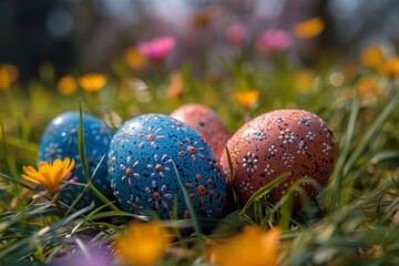 Three speckled Easter eggs lying in sunlit grass with soft-focus background Spring and rebirth concepts