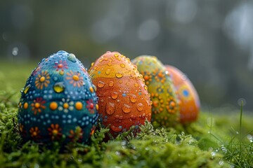 Vibrant hand-decorated Easter eggs lie on the misty green moss, covered in morning dew with a soft-focus background