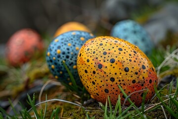 Close-up of brightly colored Easter eggs with dotted patterns resting among fallen pine needles in a forest setting