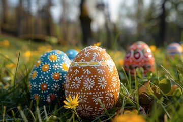 Easter eggs with vibrant paint and floral motifs are scattered in the grassy field under the warm spring sun with shadows and bokeh