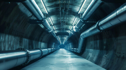 Empty underground corridor with drainage system and metal pipelines for transporting water and gas...