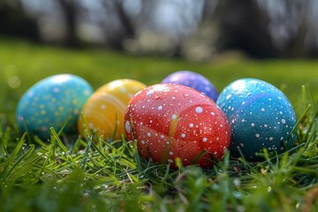 Vibrant Easter eggs with various patterns displayed in a garden setting, symbolizing spring and renewal