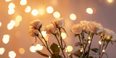 A romantic bouquet of white roses illuminated by soft, warm bokeh light for intimate celebrations.