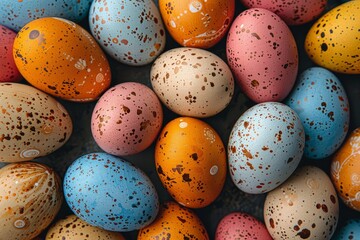 Multicolored Easter eggs featuring intricate speckled patterns on a dark backdrop