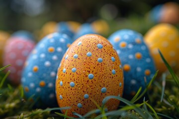 Close-up of dewy Easter eggs with speckled blue and orange decorations sitting amidst fresh green grass, symbolizing new life