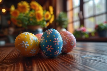 A group of artistically decorated Easter eggs with floral patterns sit on a rustic wooden table, reflecting the warmth of the holiday
