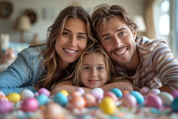 A close-up of an attractive family with a young child among Easter eggs, radiating joy
