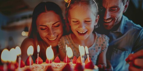 Joyful family moment as parents and daughter enjoy a birthday cake with lit candles.
