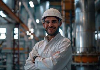smiling worker in white uniform and helmet stands with crossed arms in factory hall