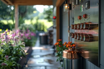 Shallow depth of field captures the details of draught beer tap handles in a vibrant outdoor bar setting