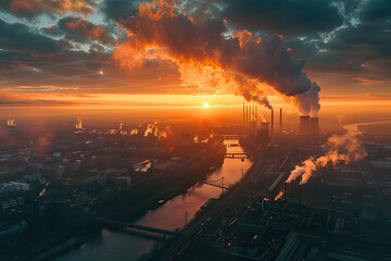 Aerial shot of coal fired power station Neurath in North Rhine Westphalia, Germany at sunset  - obrazy, fototapety, plakaty