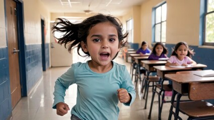 Joyful Girl Running Through School Hallway with Classroom in Background