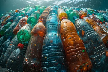An alarming image of plastic bottles contaminating the sea, showcasing the environmental issue of pollution - obrazy, fototapety, plakaty