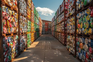 Fototapeta premium Rows of compressed aluminum cans illustrate recycling and resource conservation in a recycle center