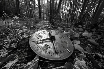 An ancient sundial amidst overgrown foliage, casting intricate shadows, passage of time in a forgotten garden. - obrazy, fototapety, plakaty