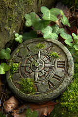 An ancient sundial amidst overgrown foliage, casting intricate shadows, passage of time in a forgotten garden.