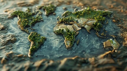 Detailed close-up of a world map entirely covered in green moss, giving it a unique and nature-inspired texture. - obrazy, fototapety, plakaty