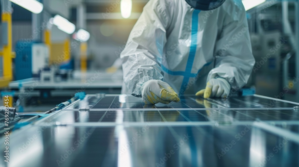 Poster a worker in a protective suit carefully inspects a finished solar panel checking for any defects or 