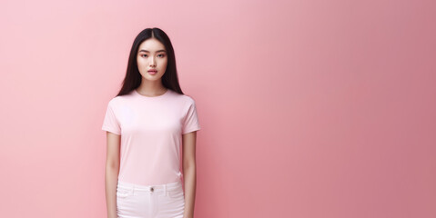 Obraz premium A stylish Asian woman, her dark hair neatly combed, confidently models a rosy shirt against a vibrant pink background, exuding a contemporary and chic vibe. Generative AI.