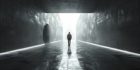 Man walking towards light at end of dark hall with hole in wall symbolizing progress and success. Concept Success, Progress, Ambition, Overcoming Obstacles, Pursuing Goals - obrazy, fototapety, plakaty